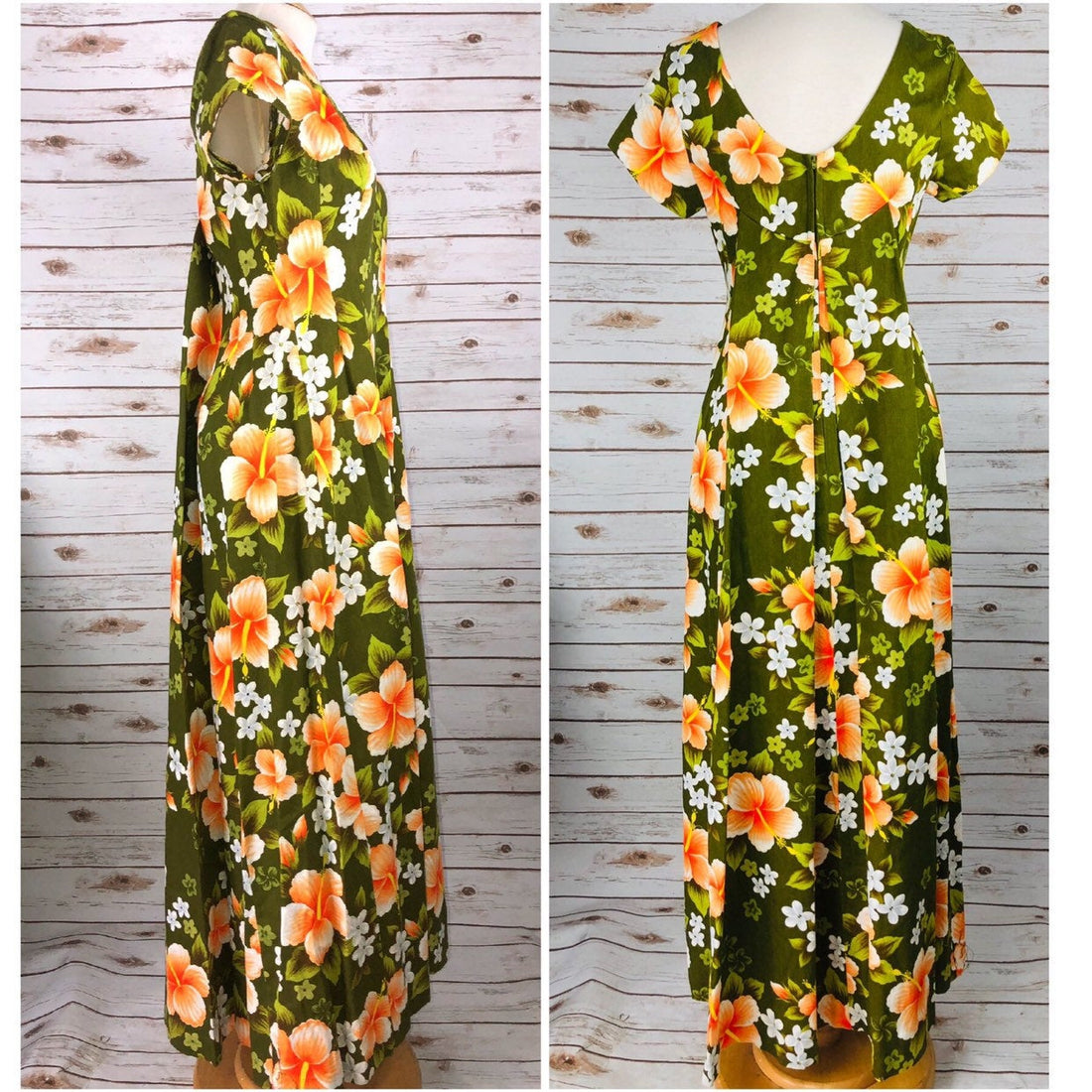 Live: 110 Vintage dress 1970s Green Hawaiian Flower