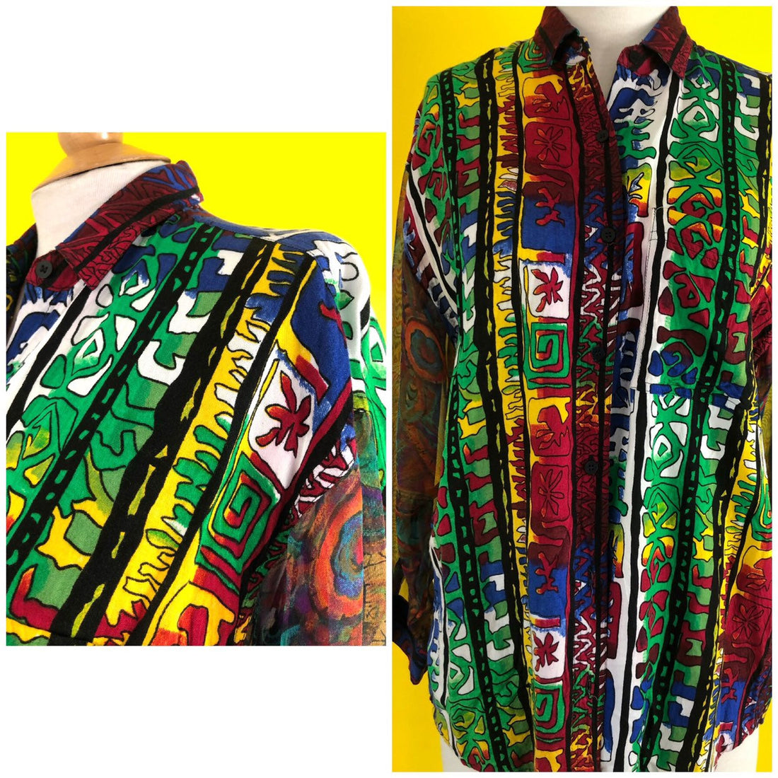 80s 90s Vintage Button Down Blouse Sheer Sleeve Tribal Print Hipster Slouch