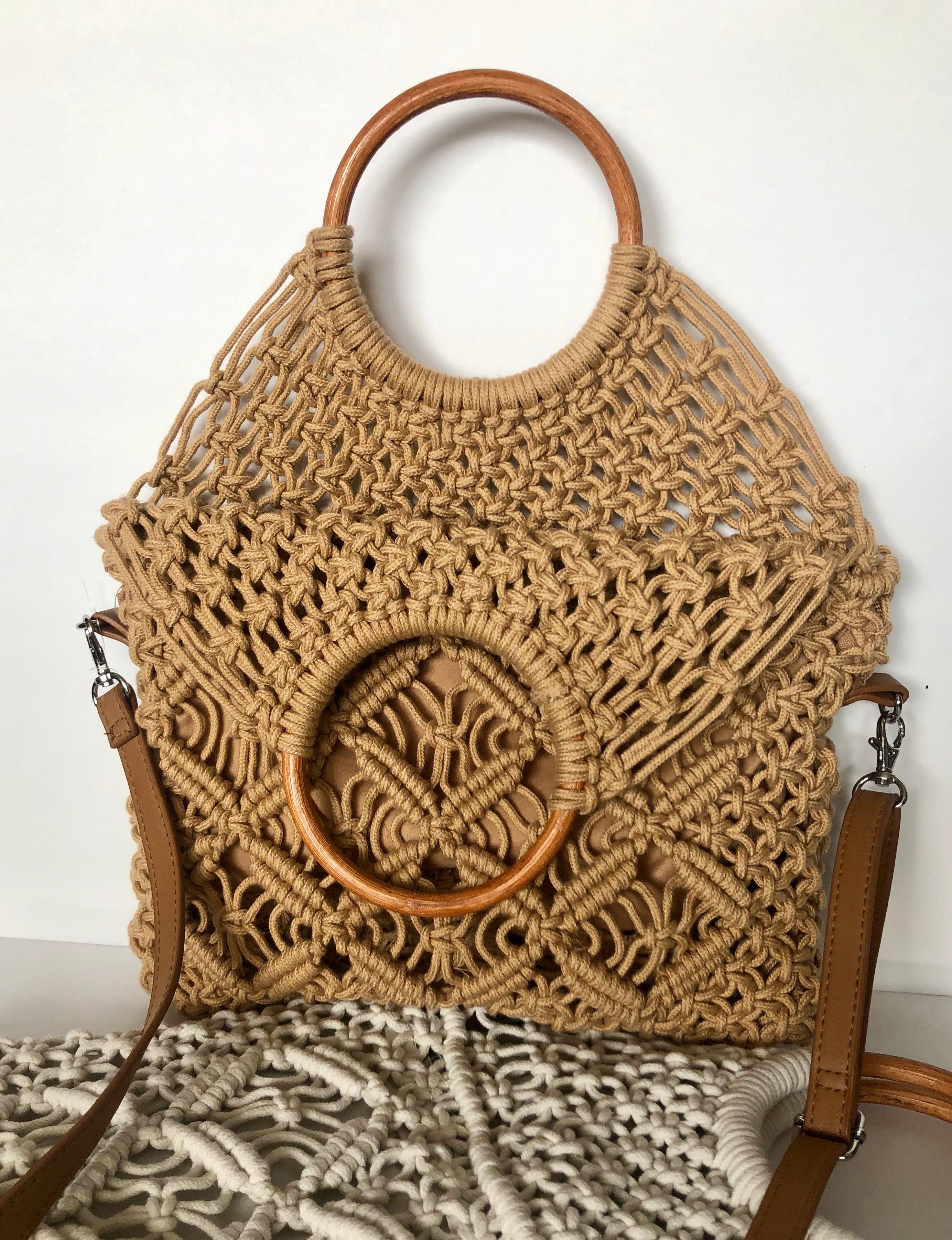 Macrame Boho Brown and White Beaded Satchel with buy Natural Wooden Handles