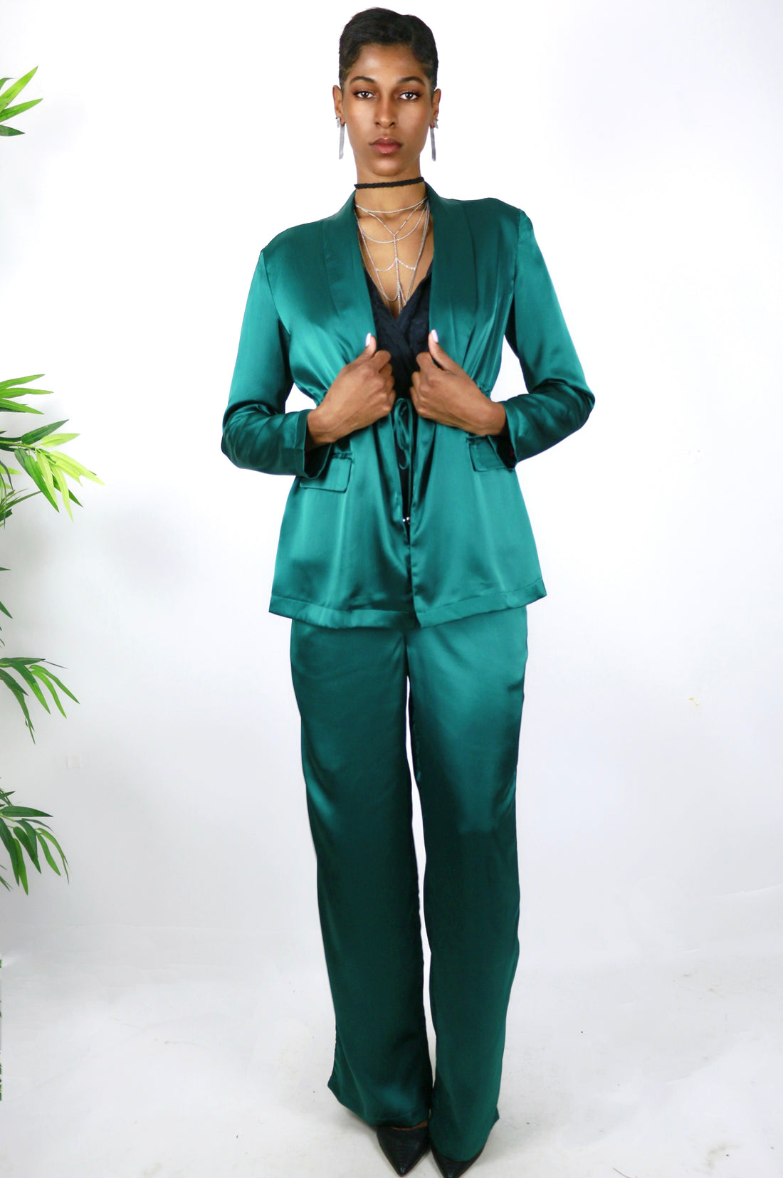 Emerald Satin Pants Set