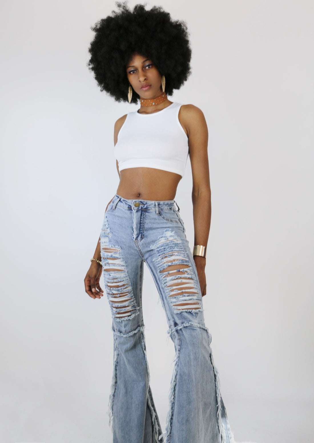 Distressed Frayed Bell Bottom Jeans