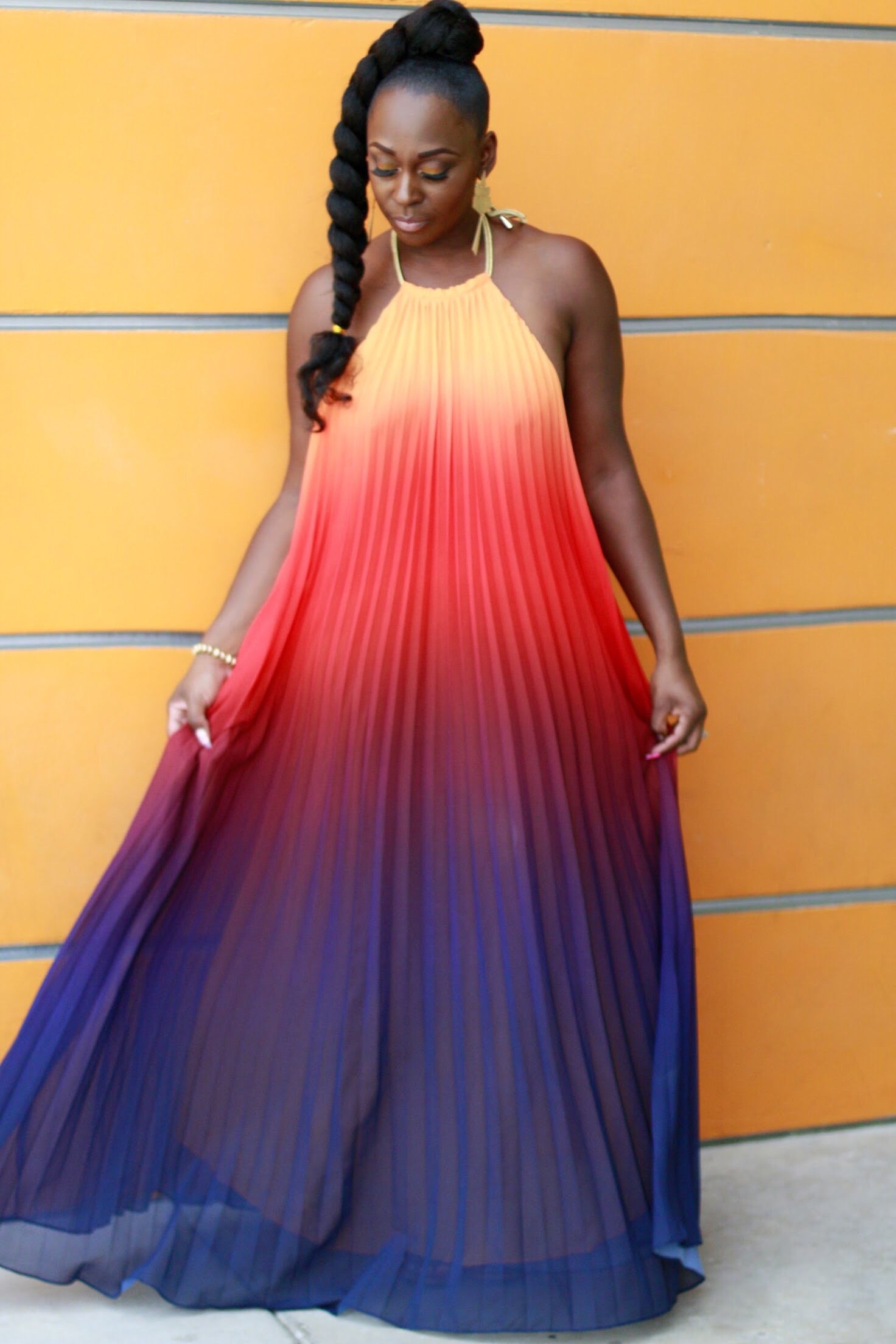 Orange pleated hot sale maxi dress